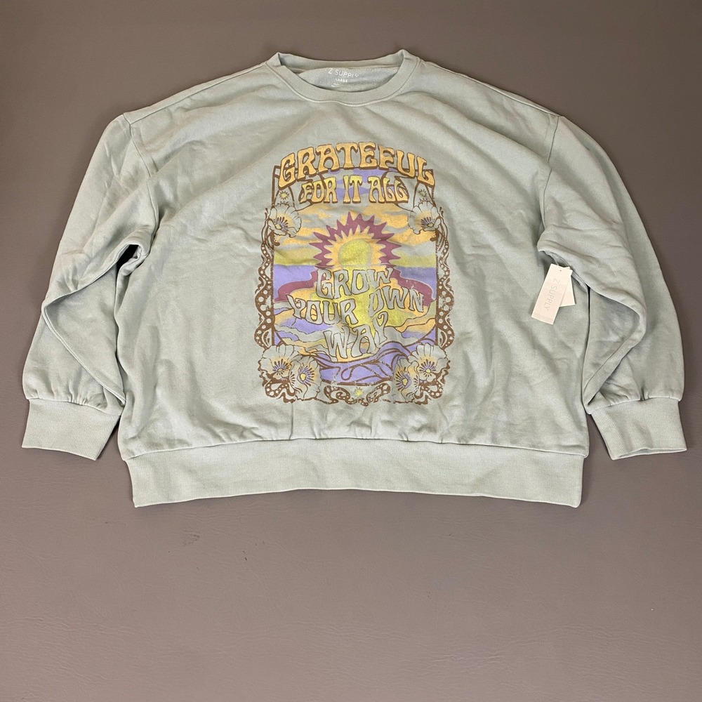 Z Supply Grateful Sunday Sweatshirt Large Sea Spray Green Cotton Graphic Sun NWT